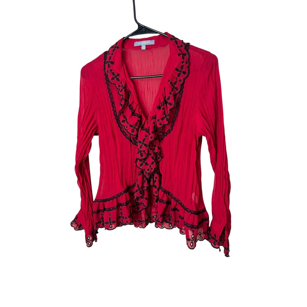 NY Collection Petite Blouse Red Black‎ Ruffle Sheer Button Down size S